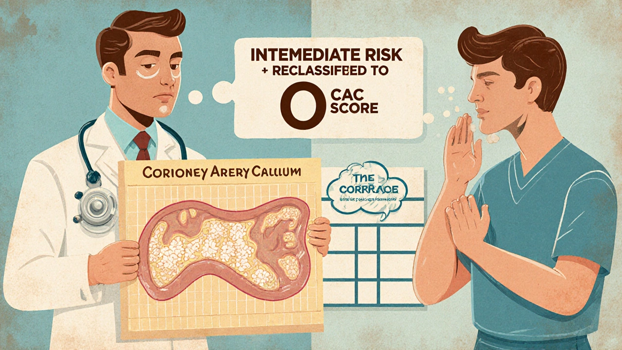 A doctor shows a patient a coronary calcium scan, reclassifying risk from intermediate to low.