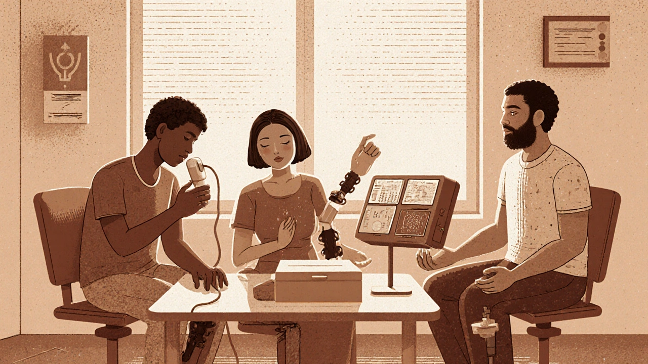 A group of amputees undergoing various therapies in a cozy clinic, depicted in warm neo-vintage cartoon style.