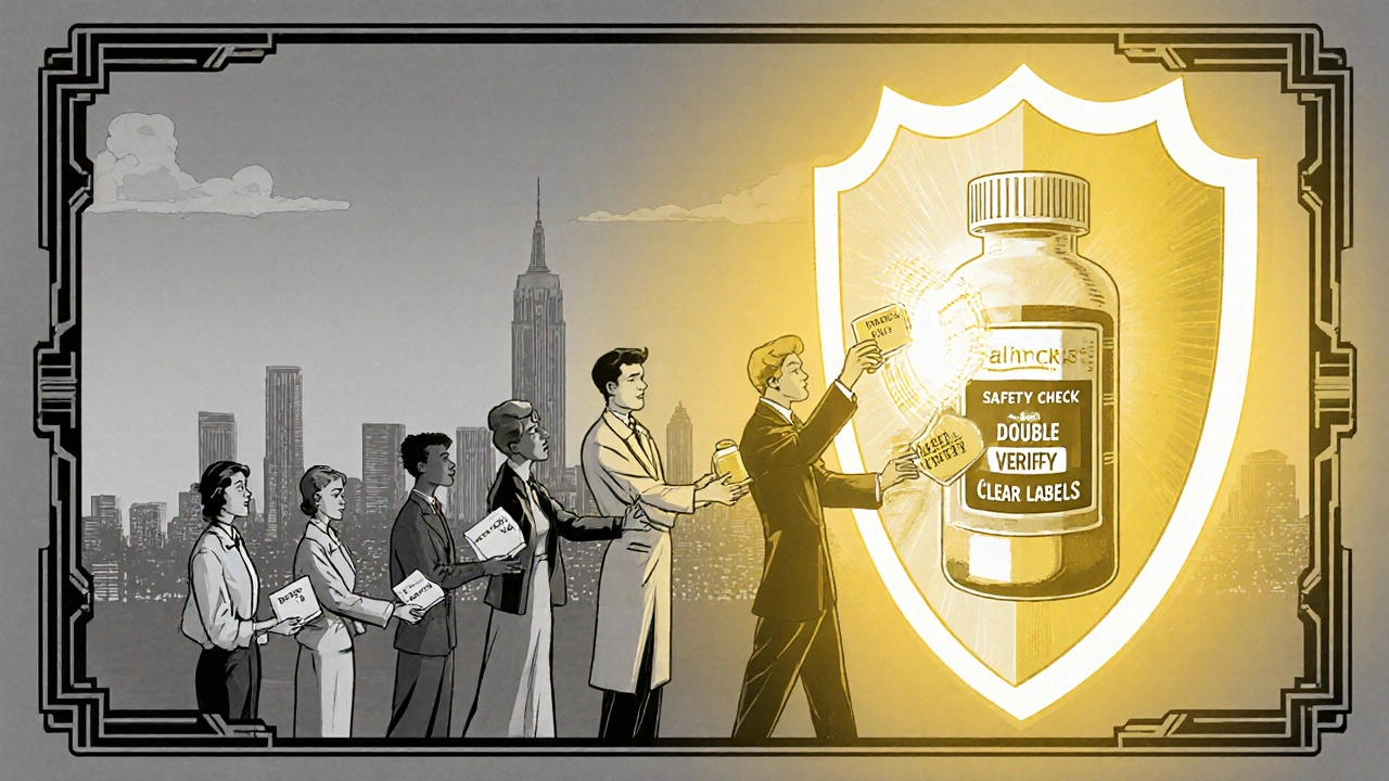 A line of people adding safety stickers to a pill bottle that transforms into a protective shield over a city.