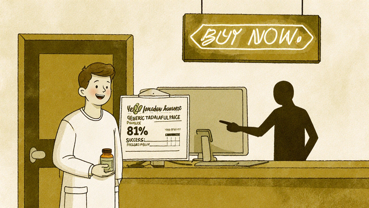 A man receiving tadalafil from a doctor while a shadowy online seller looms behind, in nostalgic medical poster style.