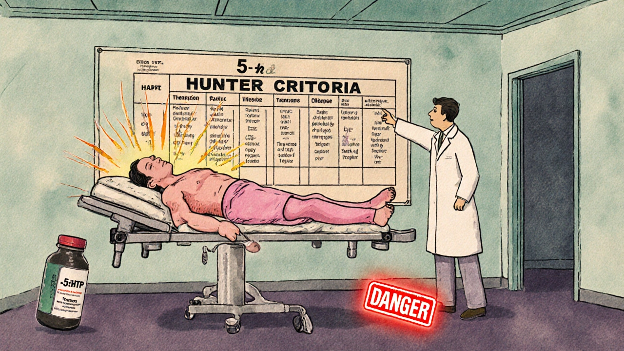 A patient in an ER with fever and muscle rigidity, while a doctor points to a symptom chart labeled &#039;Hunter Criteria&#039;.