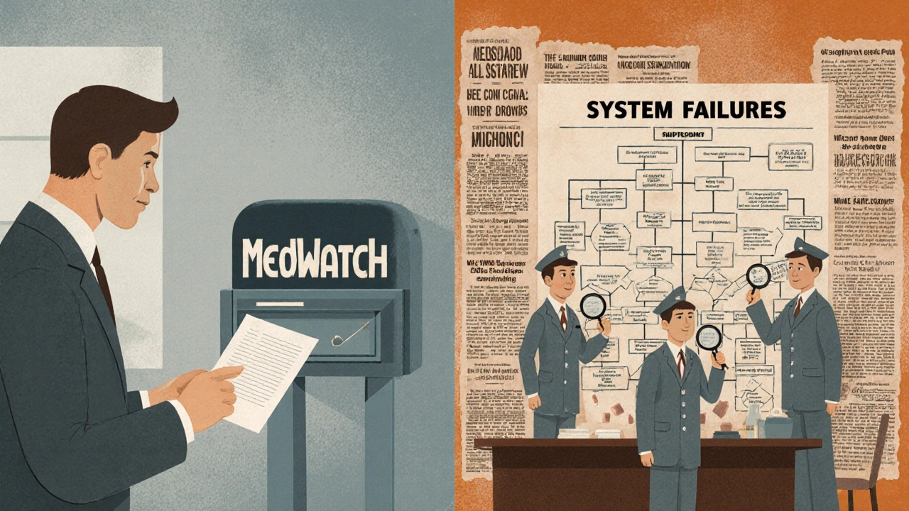 A patient submitting a medication error report to a retro-style mailbox while pharmacists review a system flowchart.