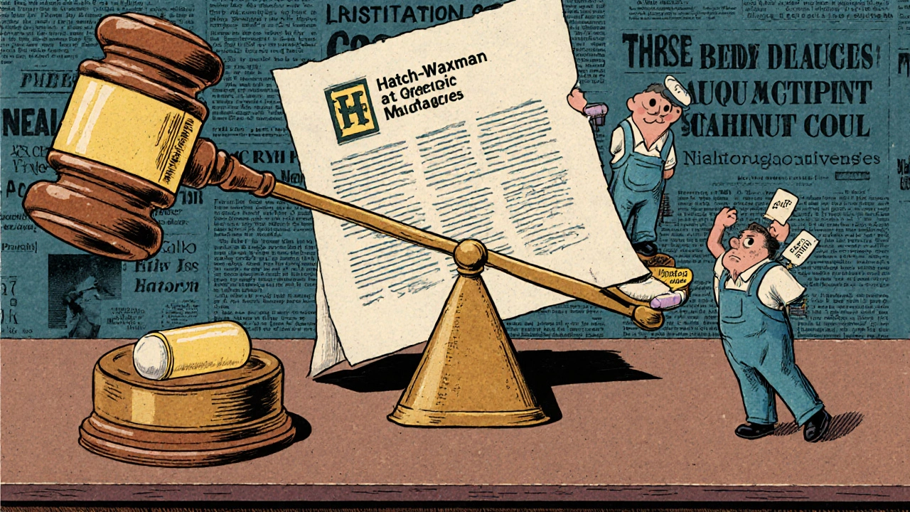 A pill-shaped gavel crushes the Hatch-Waxman Act as a scale tips in favor of brand-name drug profits.