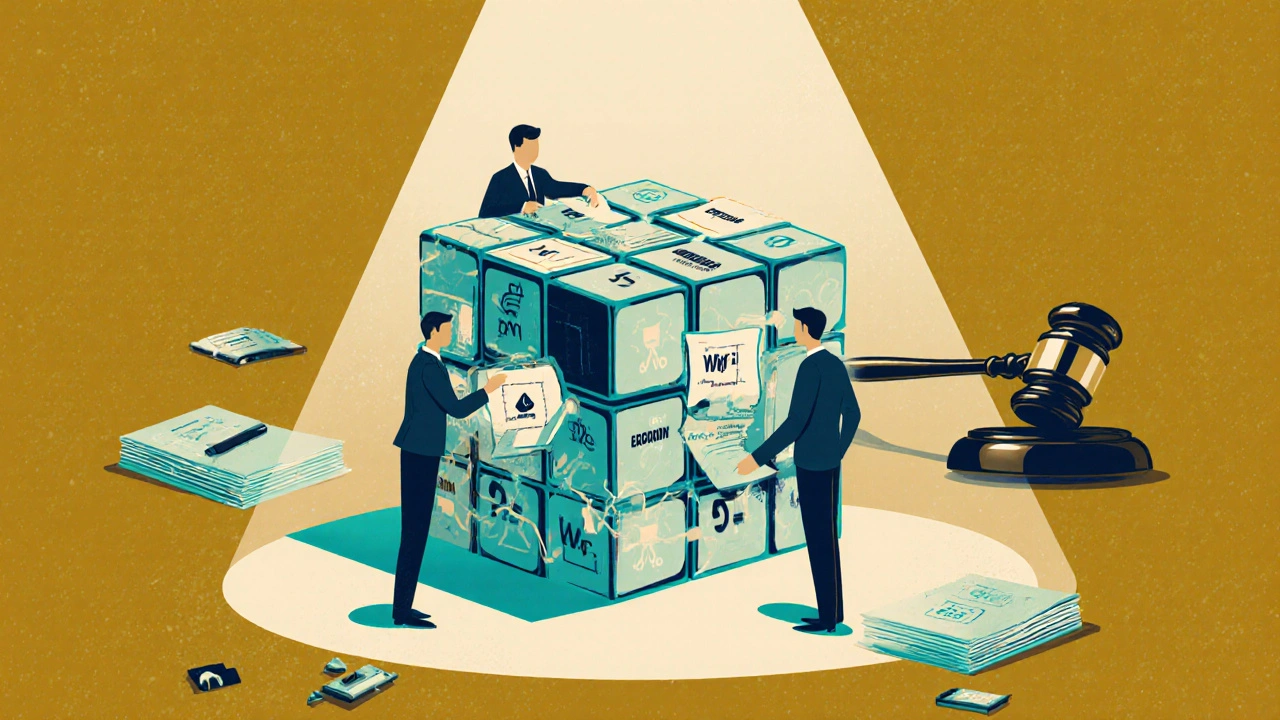 A Rubik’s Cube untangling into global patents as engineers and lawyers solve it together in retro illustration style.