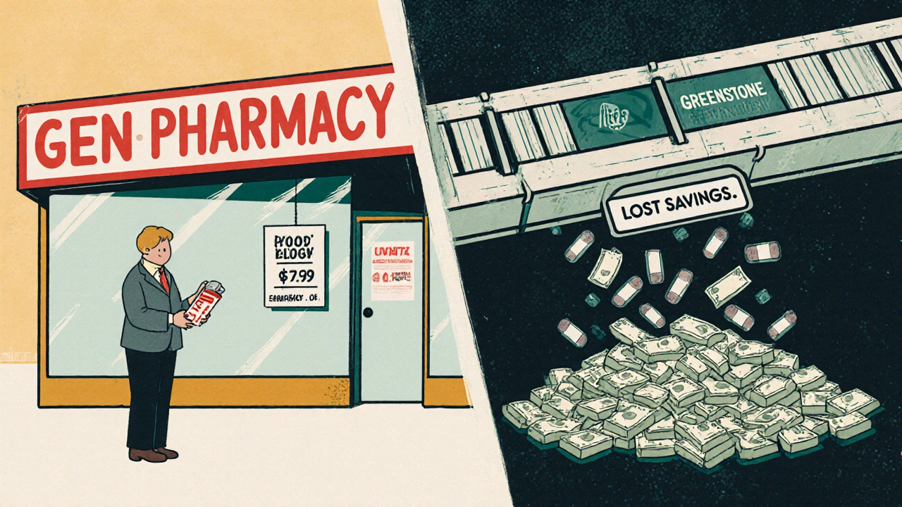 A small pharmacy struggles against a flood of identical pills from a corporate lab, with prices remaining high.