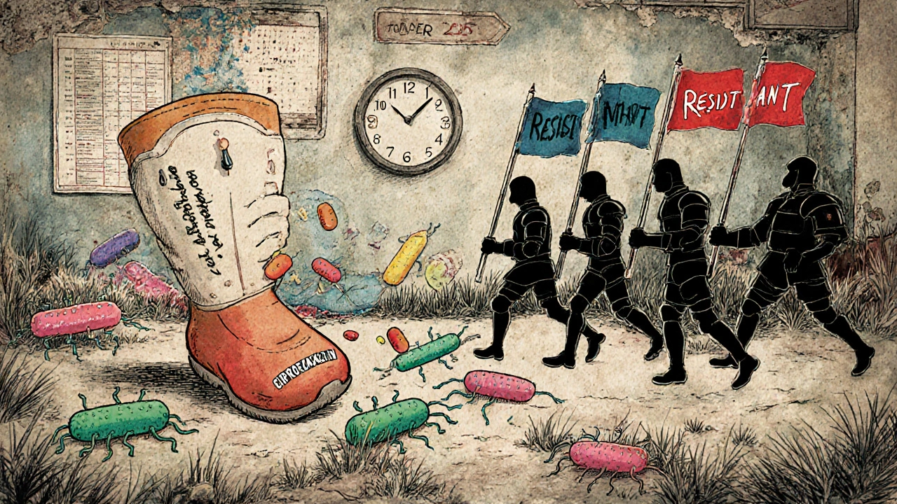 Battlefield of bacteria falling to Ciprofloxacin while resistant superbugs retreat, set in a faded 1980s hospital environment.