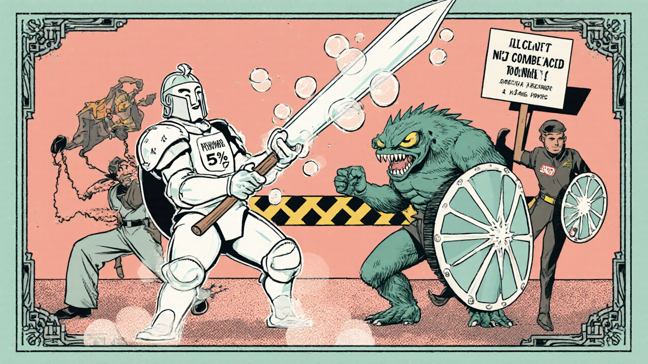 Comic-style battle between acne treatments: benzoyl peroxide warrior vs clogged pores, with niacinamide ninja and salicylic acid scout assisting.