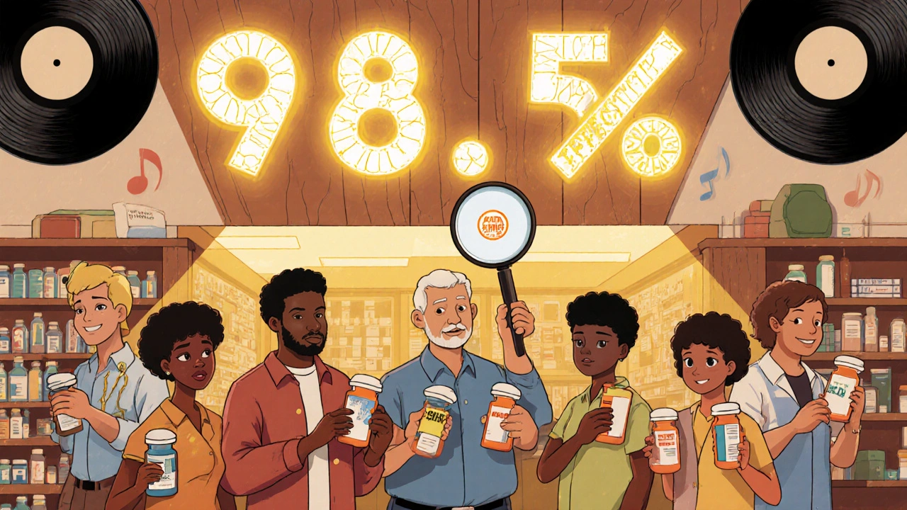 Diverse group holding different generic pills under a &#039;98.5% Effective&#039; banner in retro pharmacy.