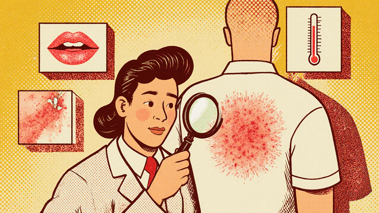 Doctor examining rash with magnifying glass, floating symptom icons around them.