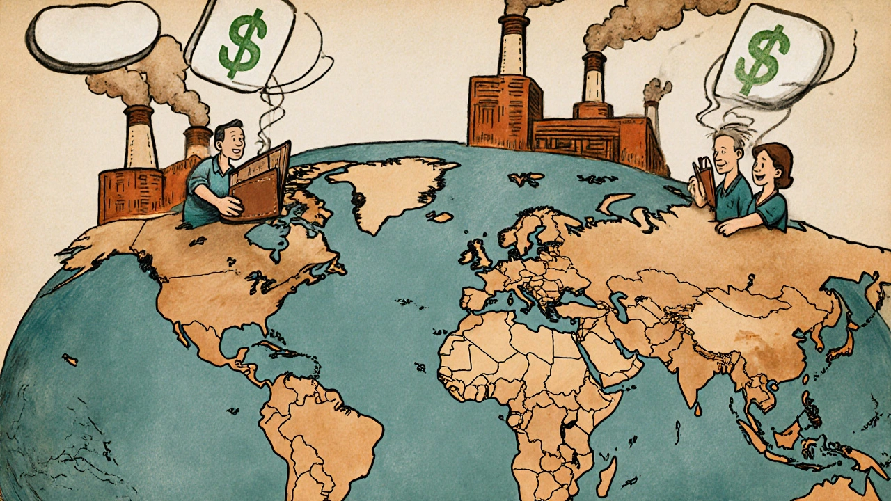 Global map with pills flying from Indian and Chinese factories to North America and Europe, dollar signs in smoke.