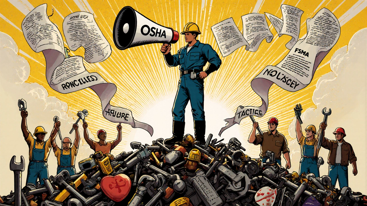 Heroic worker atop recalled products, coworkers rising behind as legal documents unfold like wings.