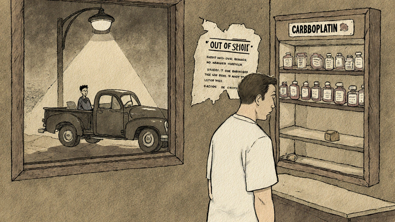 Lone doctor facing an empty drug shelf in a rural clinic, patient waiting outside.