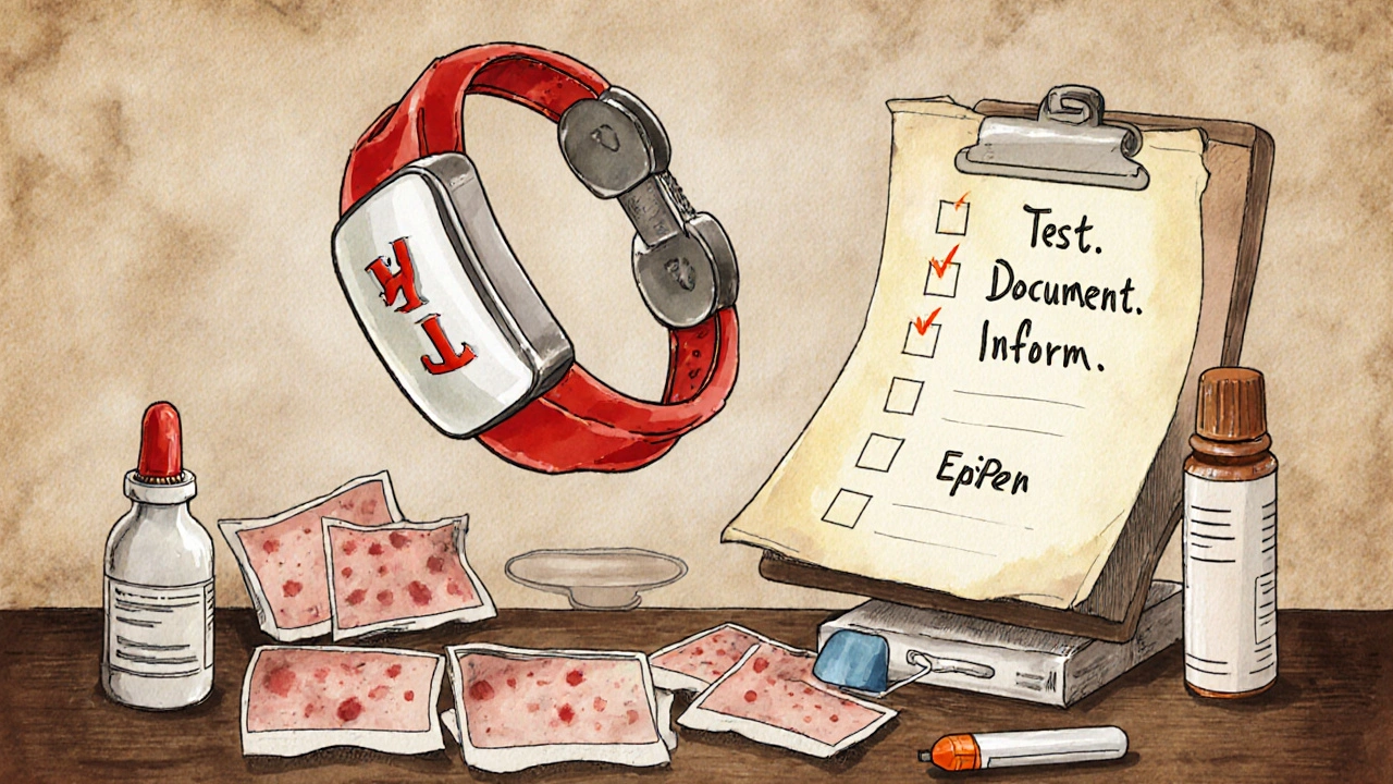 Medical alert bracelet above desk with rash photos, EpiPen, and penicillin bottle.