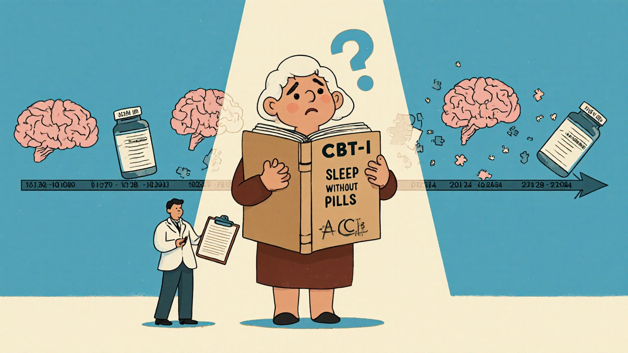 Older woman holding CBT-I book while past Benadryl bottles crumble into brain puzzle pieces.