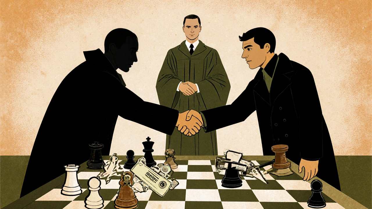 Patent icons and legal pieces on a chessboard, with a mediator watching as cross-license and royalty moves are made.