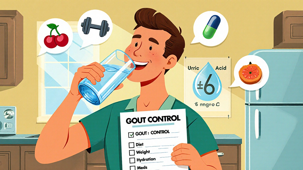 Patient holding gout control checklist with diet and hydration icons