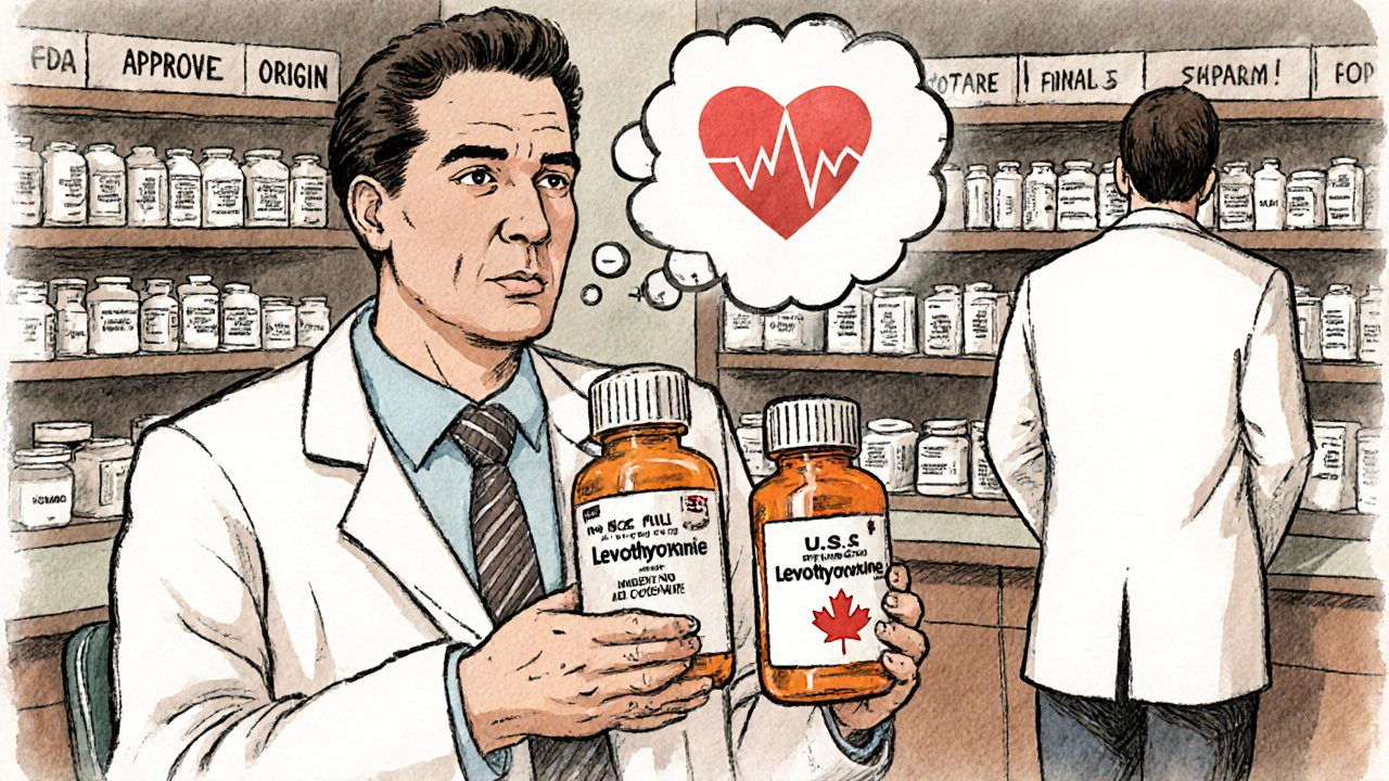 Patient holding two identical pill bottles, one causing heart palpitations, in a vintage doctor&#039;s office.