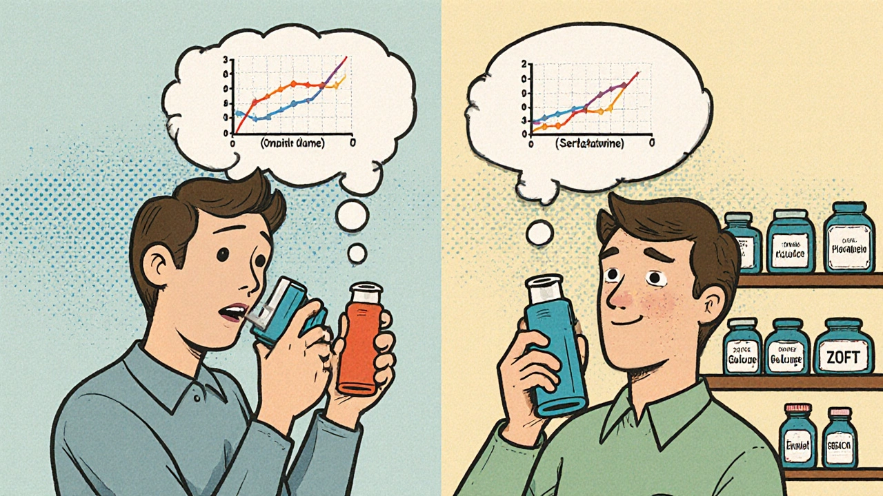 Patient using generic inhaler successfully versus struggling with brand version.