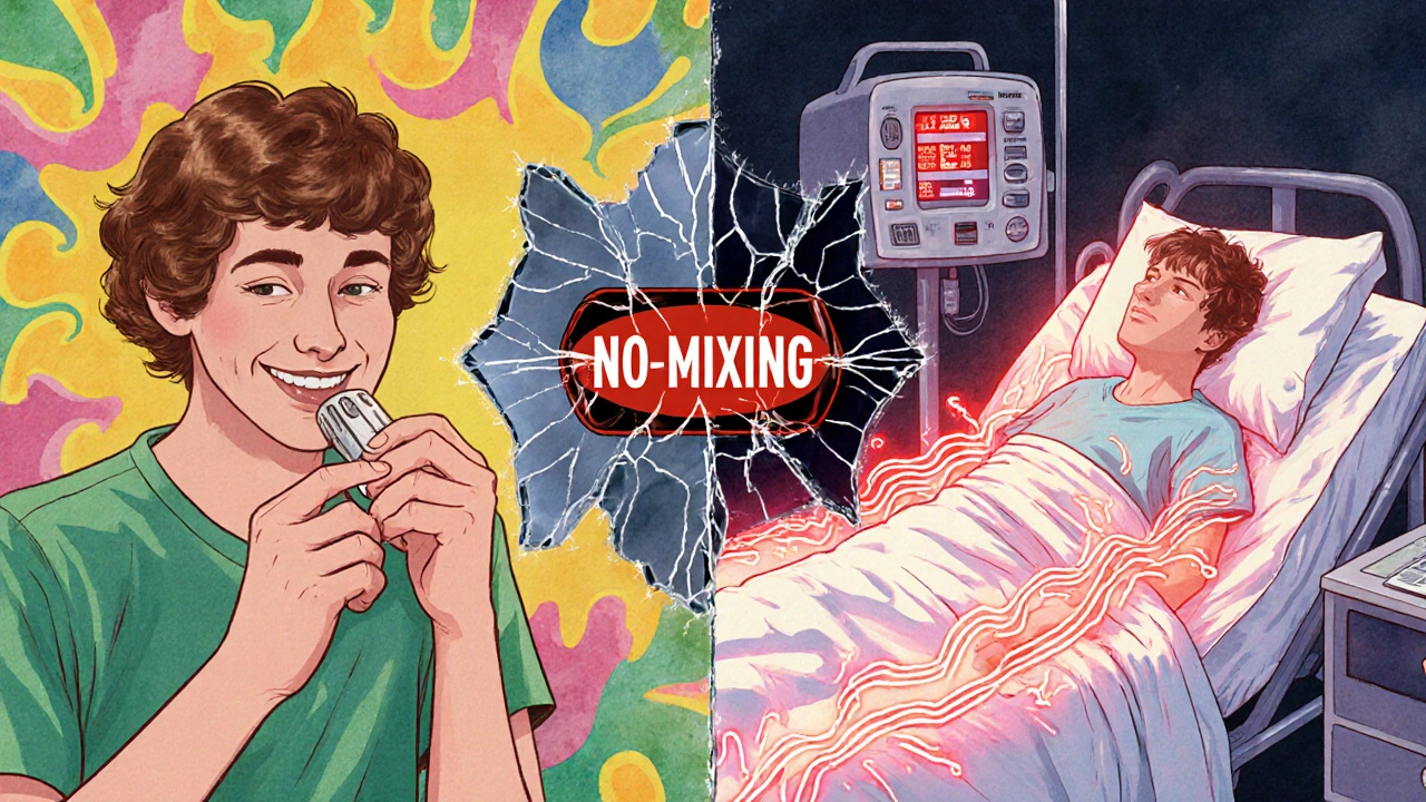 Split illustration: one side shows a person taking a supplement happily, the other shows them collapsed in a hospital bed with glowing serotonin waves.