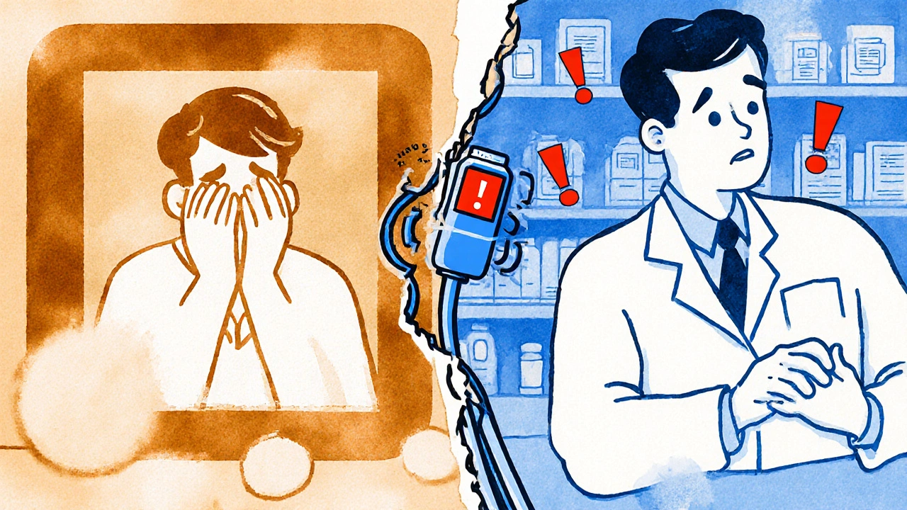 Split scene: blurry video call vs. in-person pharmacist check, showing the risk of poor tech in telepharmacy.