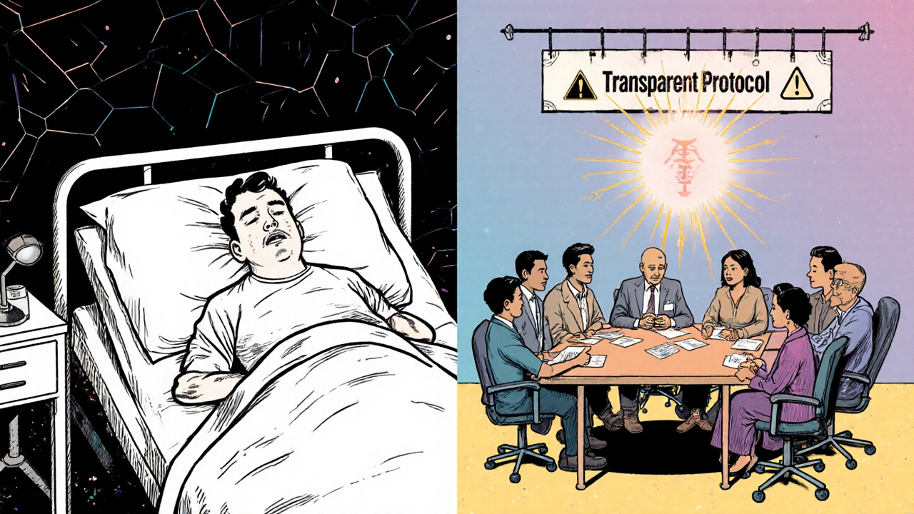 Split scene: overwhelmed doctor alone vs. team using ethical protocol with AI warning.
