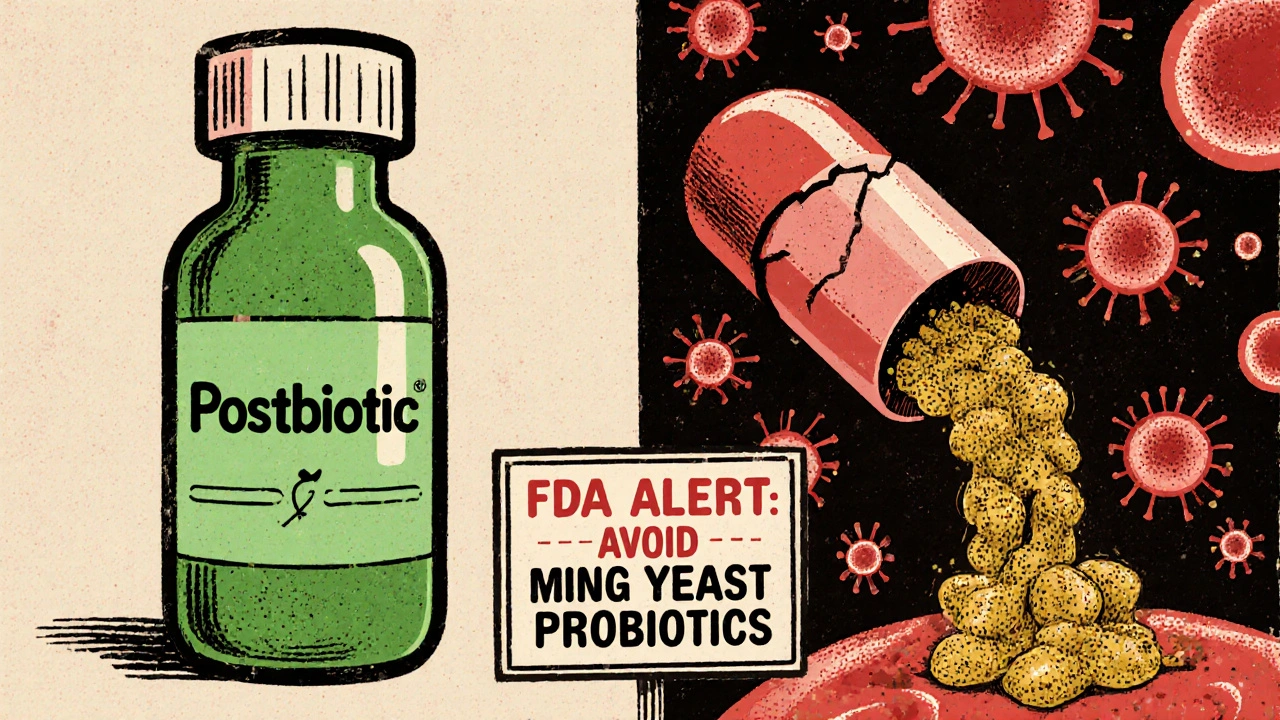 Split scene: safe postbiotic vs dangerous probiotic leaking into bloodstream, with FDA alert sign.