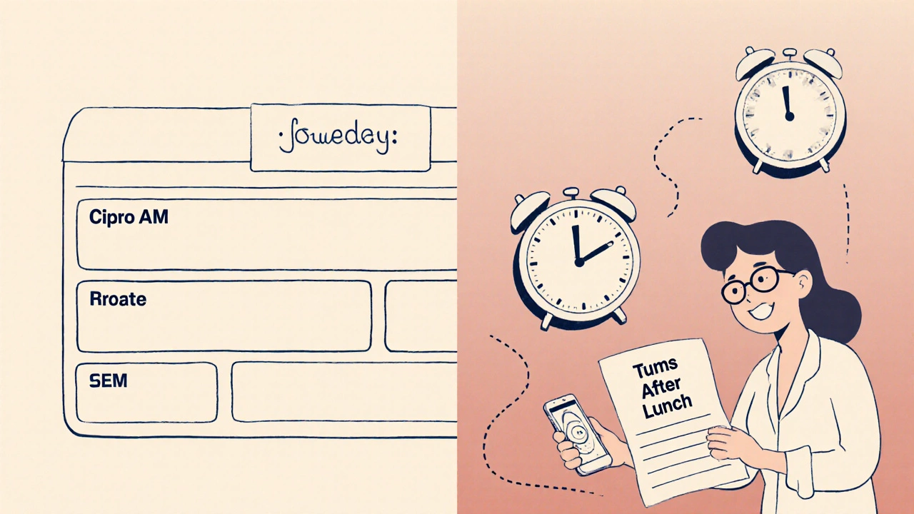 Split-screen showing antibiotic and antacid doses timed 4 hours apart with alarm clocks