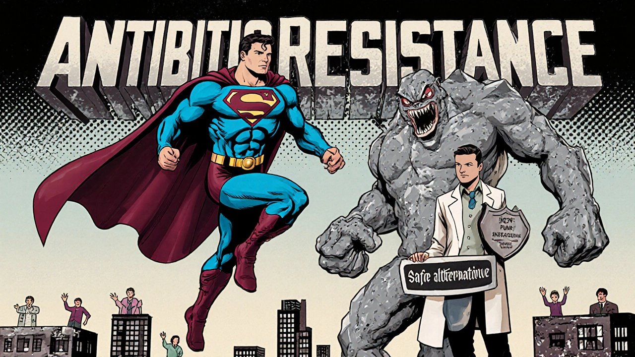 Superhero antibiotic fighting antacid monster while safe alternative stands nearby