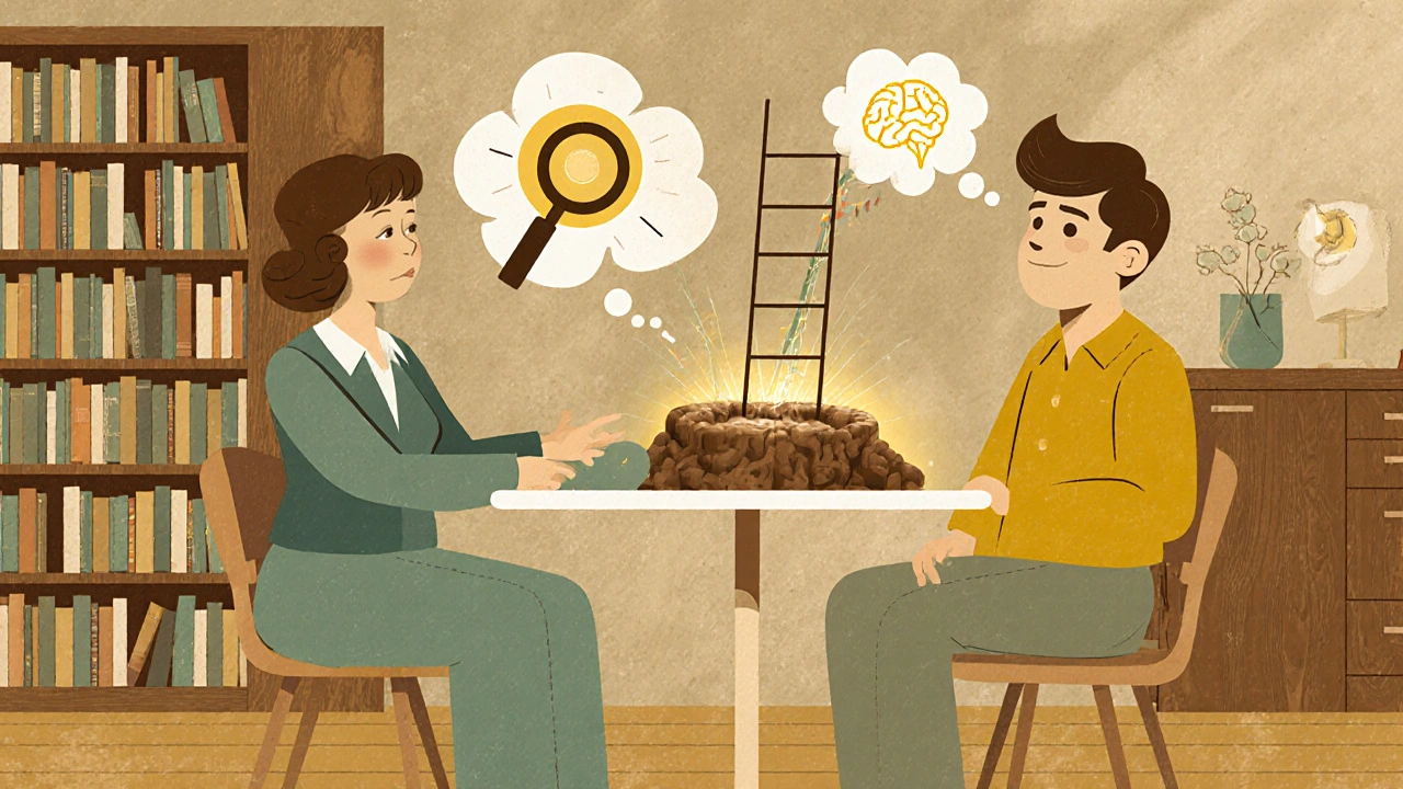 Therapist and patient with floating CBT tools like a magnifying glass and neural pathway ladder.