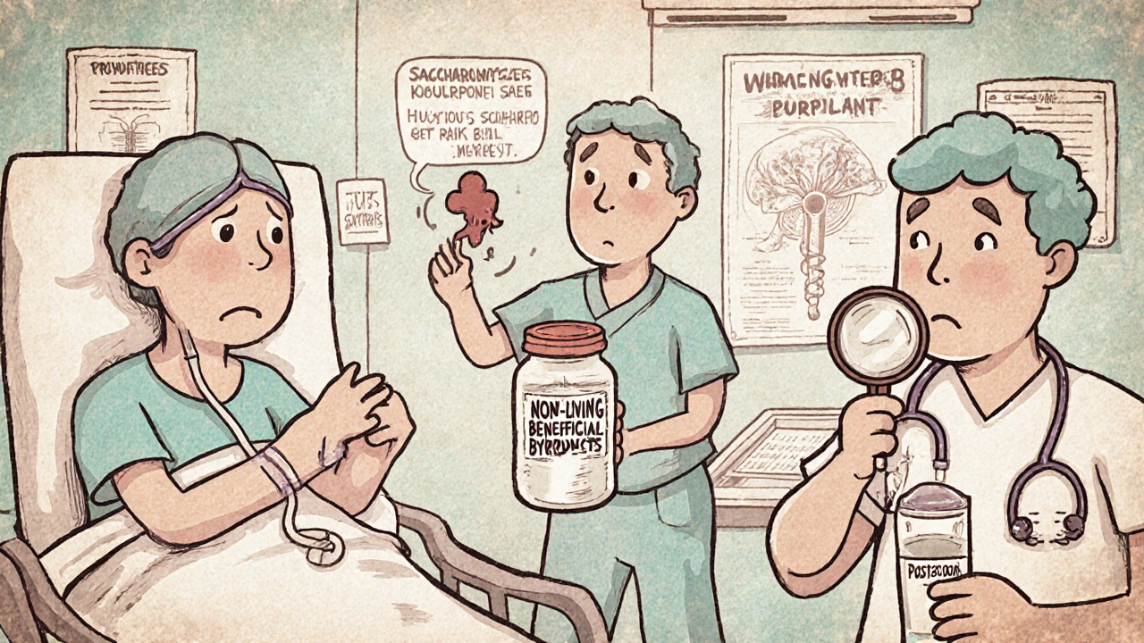 Three patients in hospital: one avoiding dangerous probiotic, one warned by doctor, one safely using postbiotic.