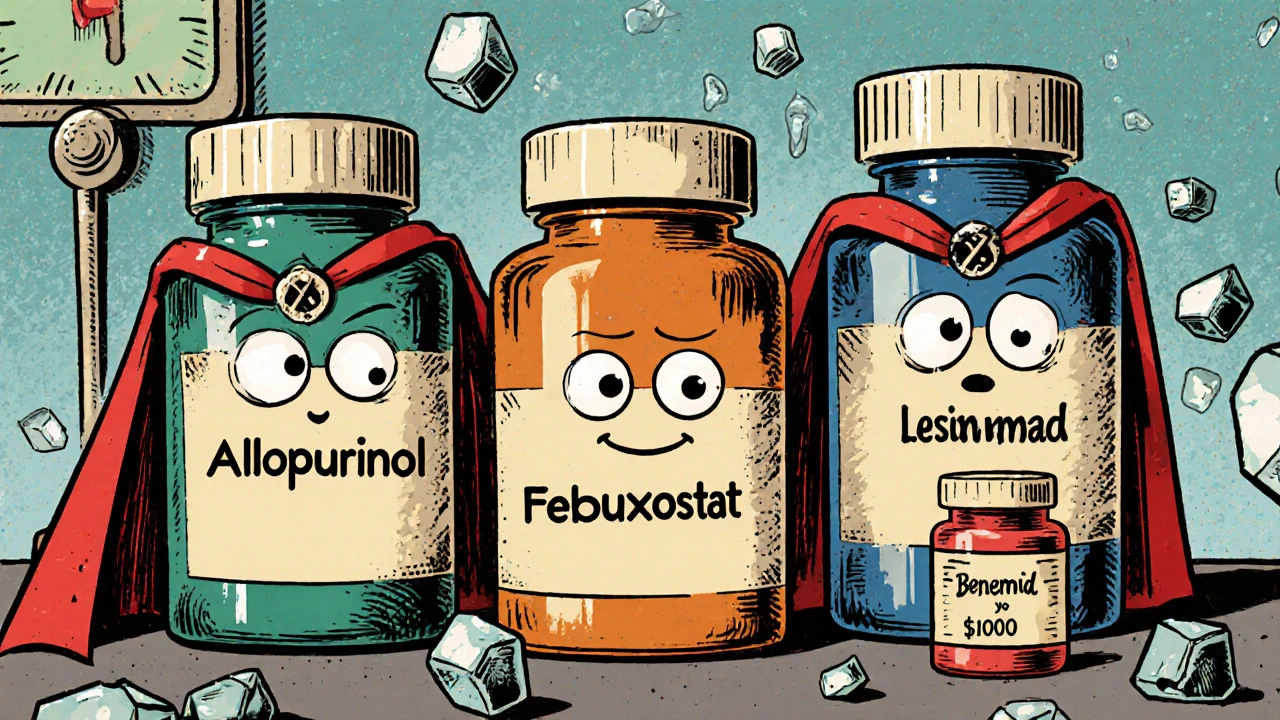 Three pill bottles as comic heroes with cost comparison on lab bench