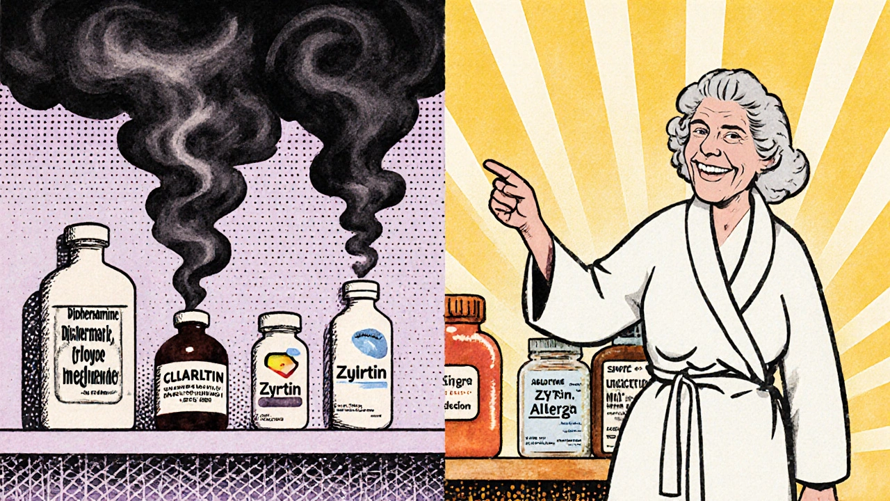 Two medicine cabinets: one with risky sleep pills, one with safe allergy meds in retro illustration.