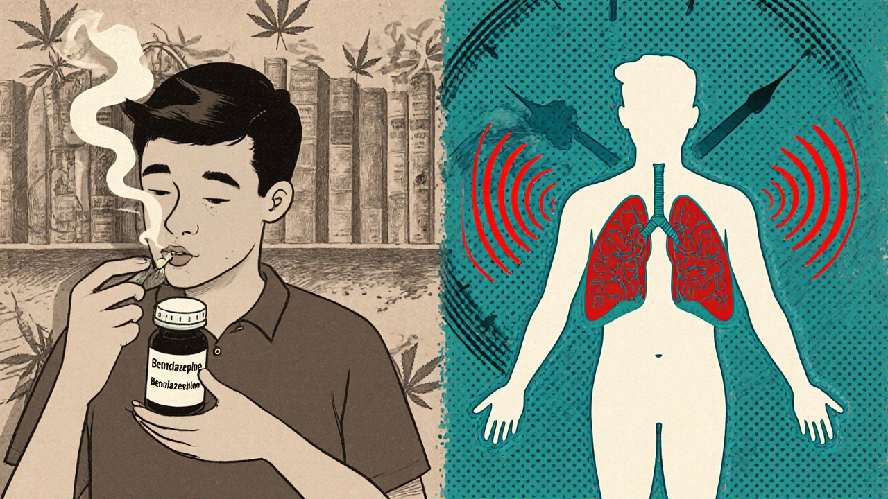 Two parallel scenes: one showing cannabis and prescription drugs combined, the other showing dangerous brain and lung suppression waves.