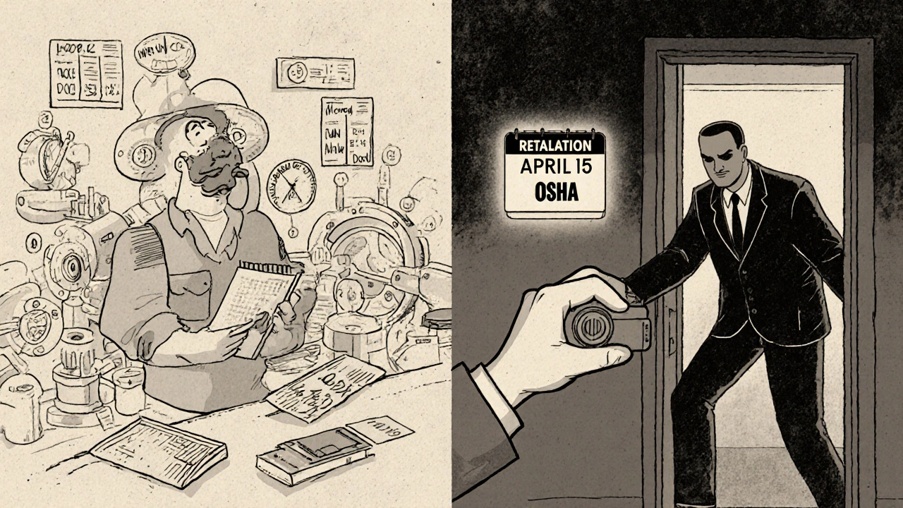 Worker documenting a faulty device while being forced out by a corporate hand, calendar flipping.