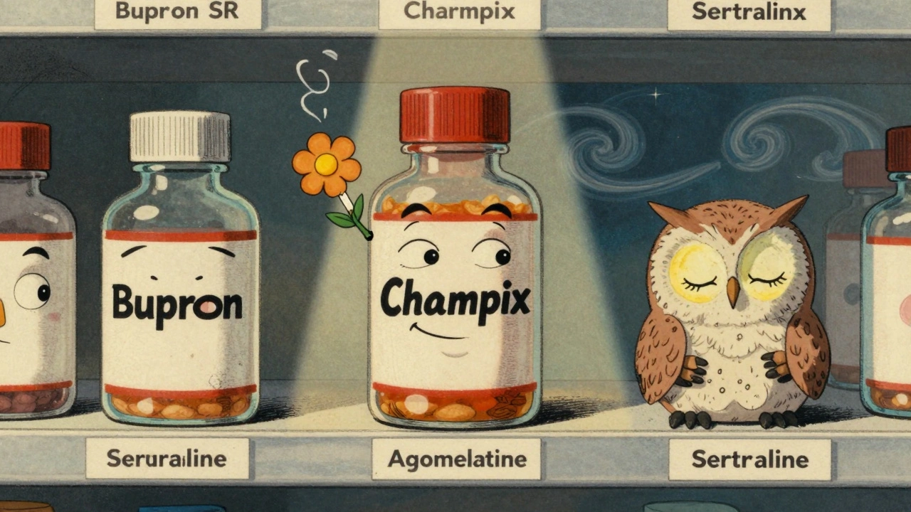 A colorful pharmacy shelf with personified antidepressants and smoking aids in retro illustration.