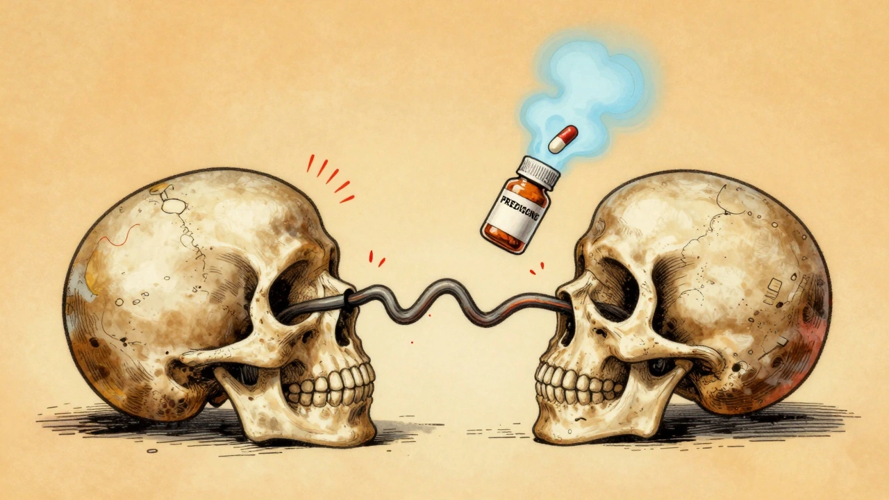 A facial nerve shown as a squeezed garden hose inside the skull, with calming blue haze relieving pressure.