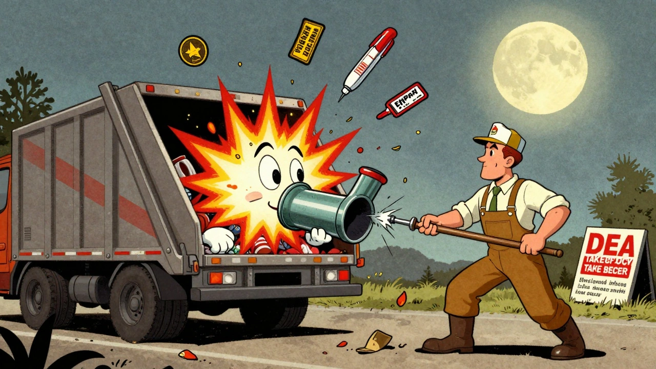 A giant inhaler about to explode in a garbage truck as a worker safely punctures it outdoors under the moonlight.