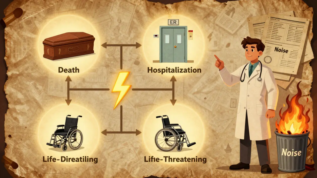A glowing four-question decision tree guiding researchers to correctly identify serious adverse events in vintage medical chart style.