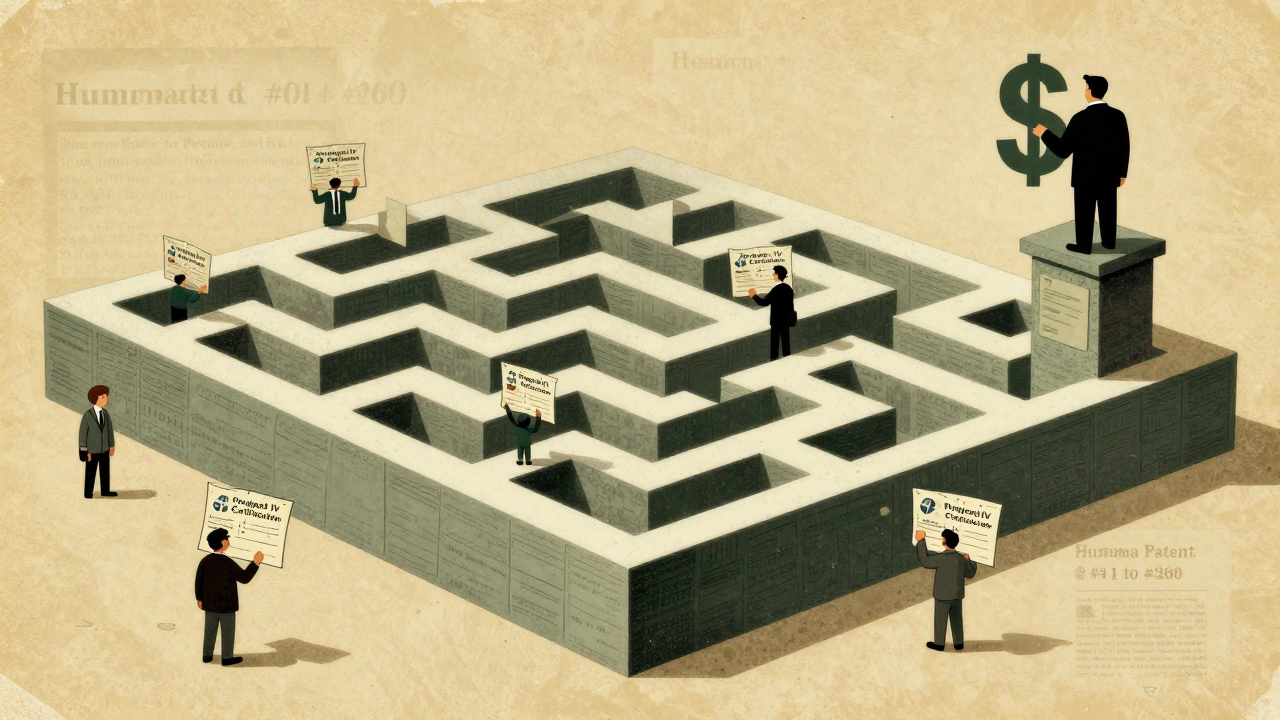 A maze of patent documents trapping generic drug makers, with a corporate figure watching from above.