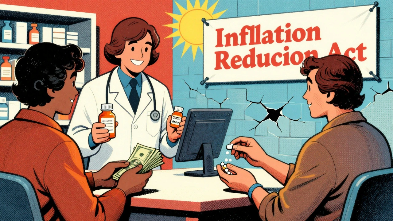 A patient paying high prices for brand-name drugs versus receiving affordable generics under new regulations.