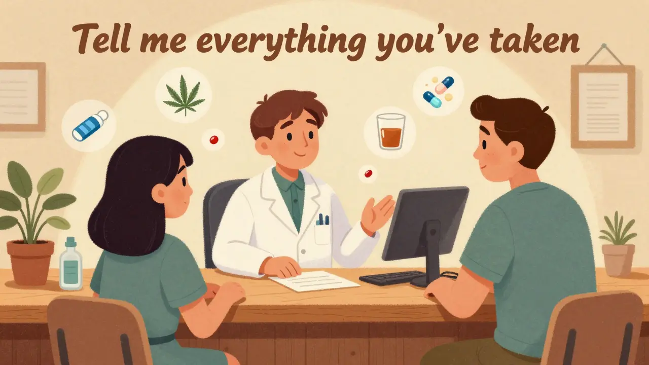 A pharmacist and patient talking, with floating icons of common risky substances in a warm, faded color palette.