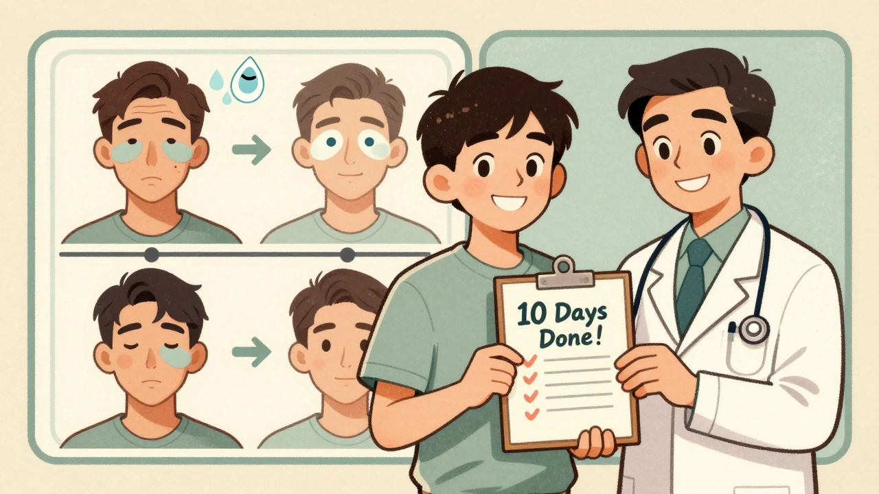 A recovered patient smiling beside a doctor, with a timeline showing facial healing and eye care icons.