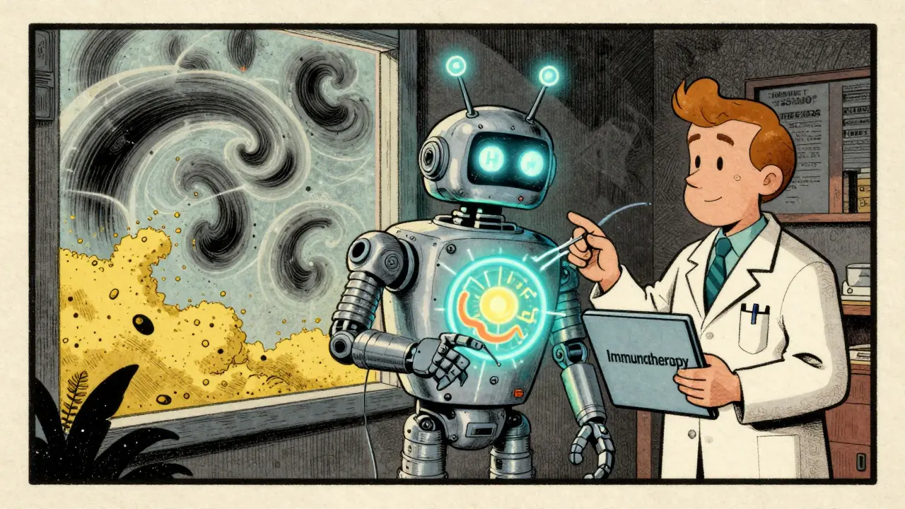 A retro-futuristic immune system robot being reprogrammed by an allergist, with seasonal pollen storms swirling outside the window.