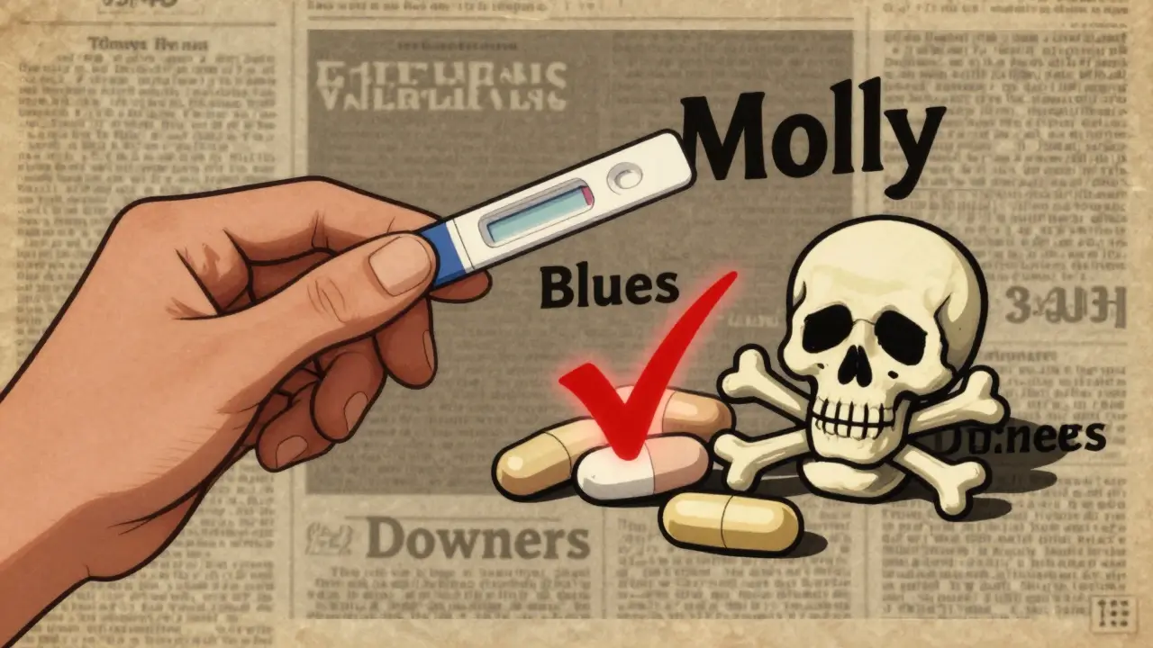 A test strip beside unlabeled street pills, with warning symbols in a 1940s public health illustration style.