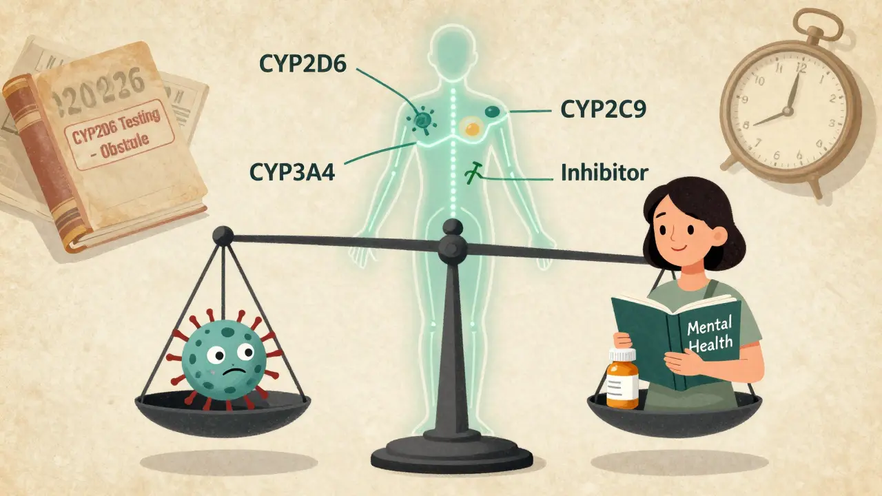 Balanced scale with cancer cell and mental health, showing multiple enzyme pathways.