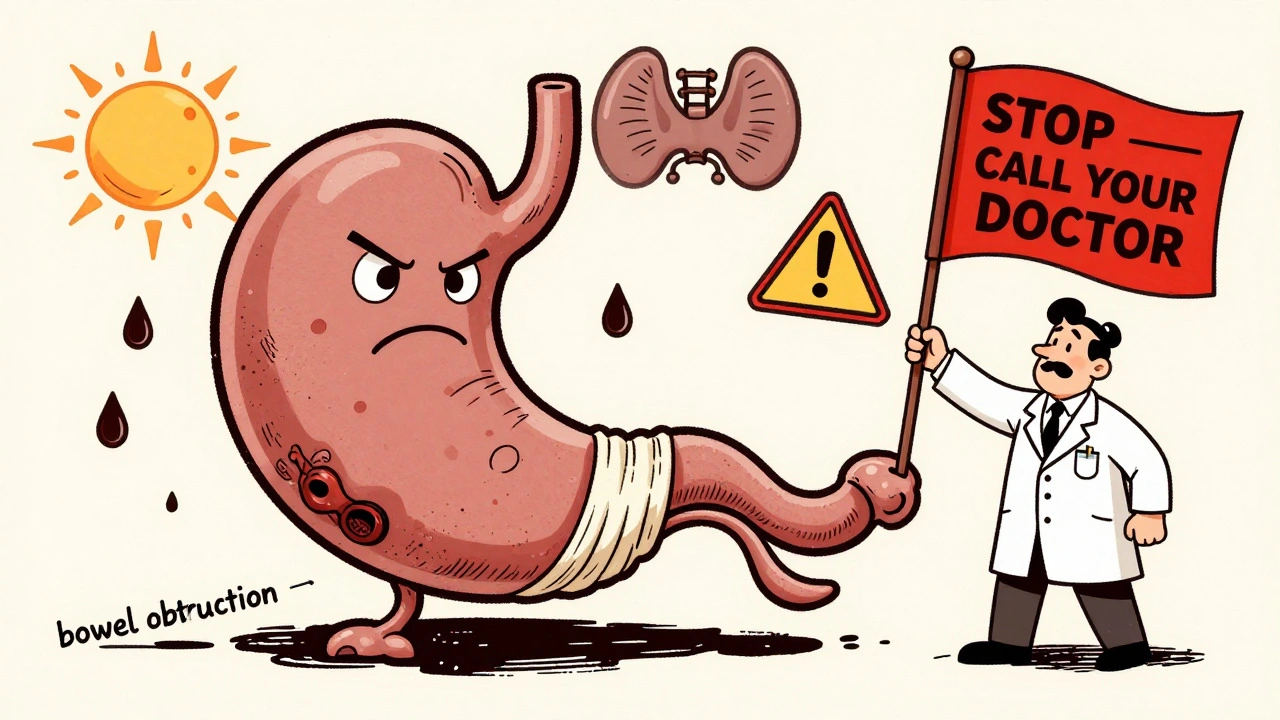 Cartoon stomach under strain with doctor warning of serious side effects