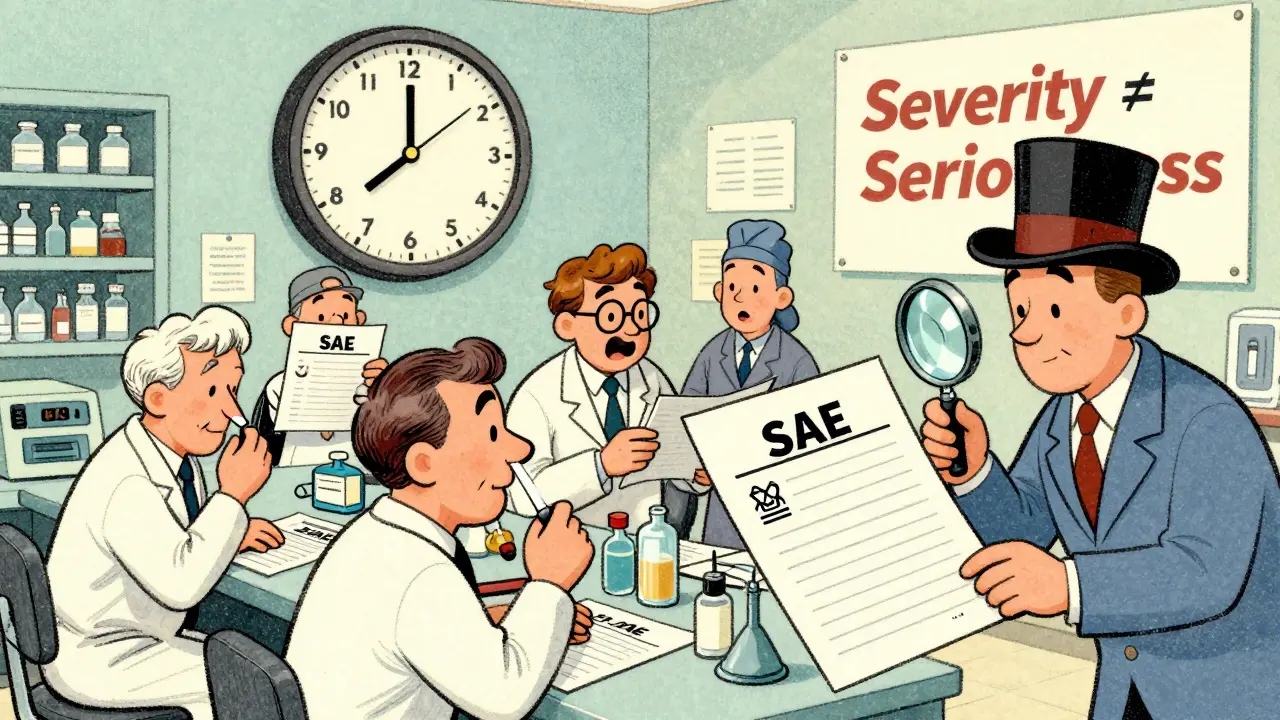 Clinical staff over-reporting minor symptoms while an inspector examines correct SAE forms in retro cartoon style.