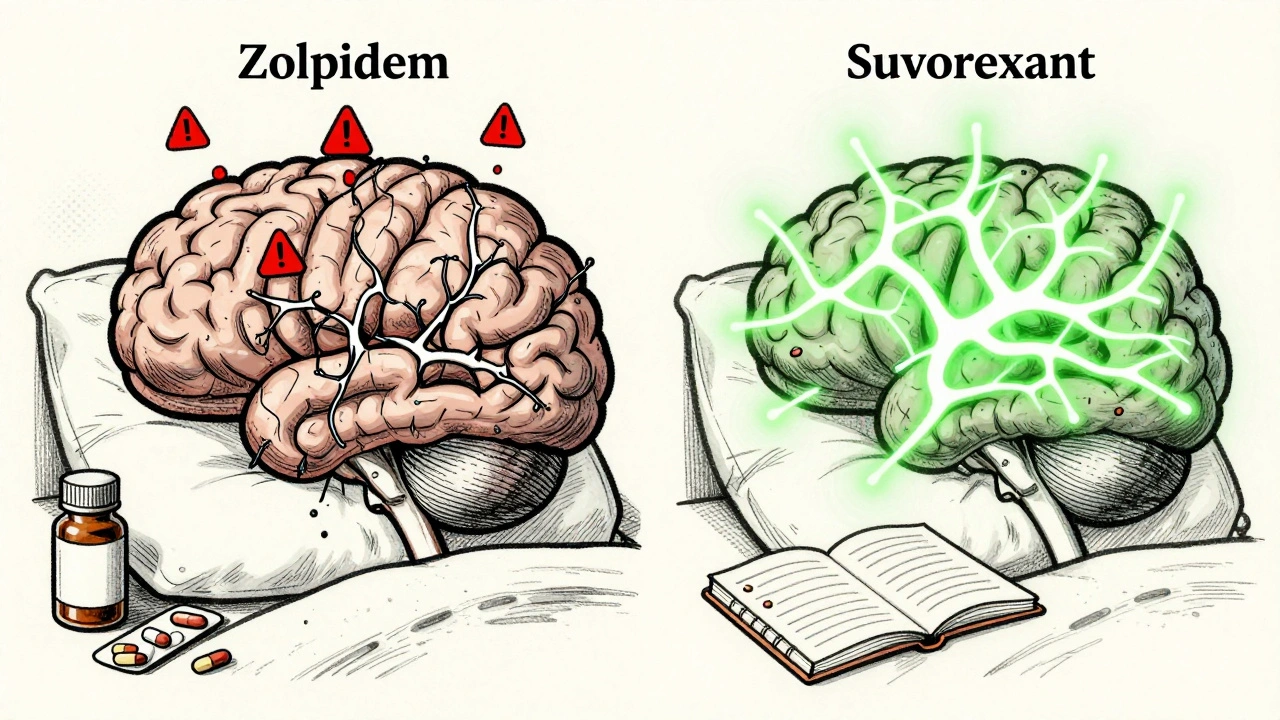 Contrasting brain diagrams showing harmful vs. safe sleep medications in medical textbook style.