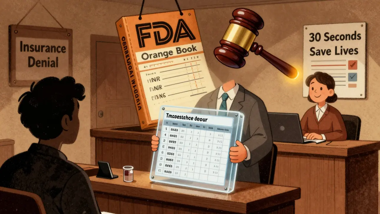 Courtroom scene with pharmacist presenting a blockchain substitution record as a glowing FDA Orange Book hovers above.