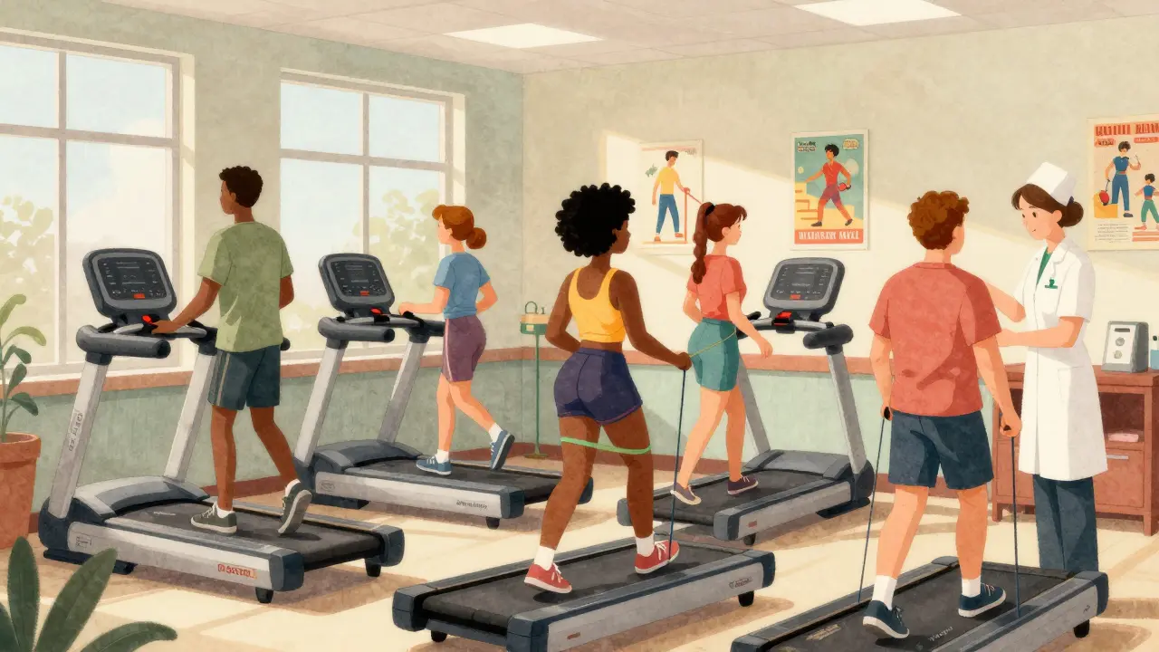 Diverse group exercising in rehab center with nurse supervision, using treadmills and resistance bands.